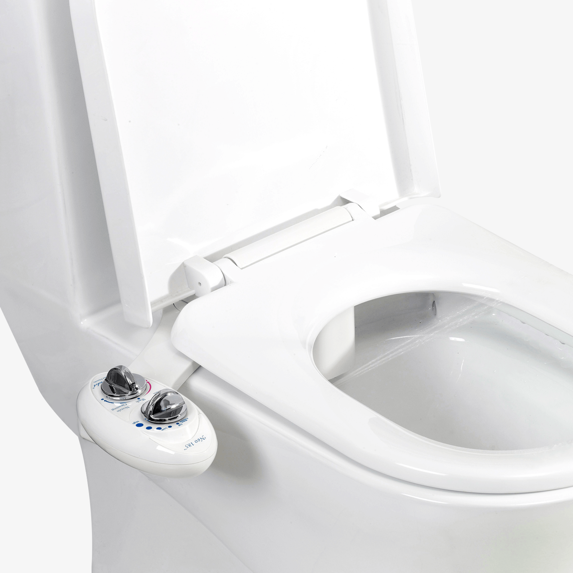 NEO 185: Imperfect Packaging - NEO 185 W85 Pearl Gray installed on a toilet with water spraying from nozzles