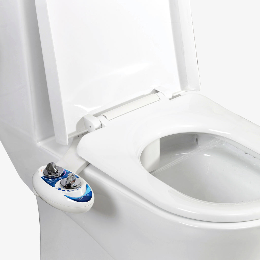 NEO 185 Blue installed on a toilet with water spraying from nozzles