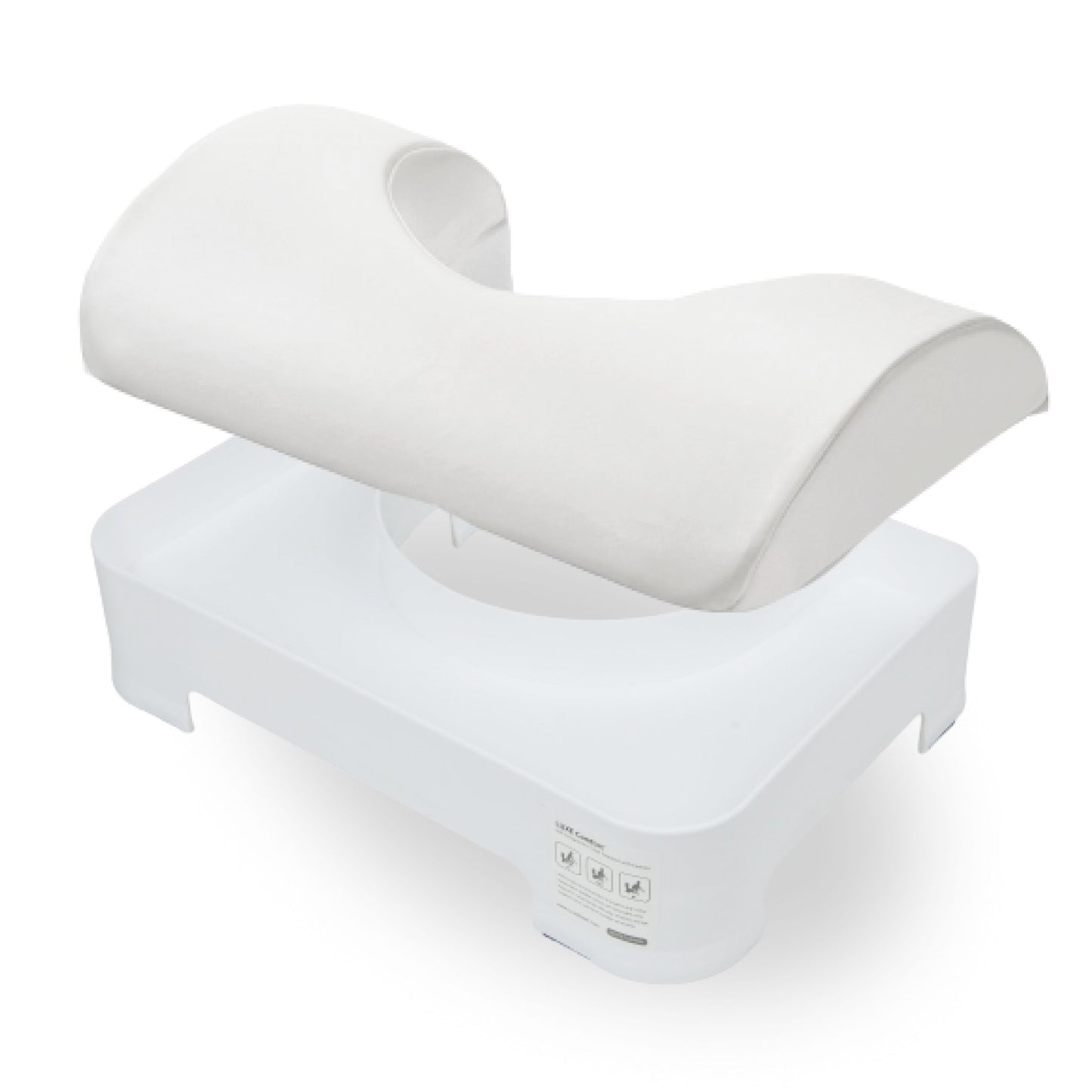LUXE Footstool comes in two layers: a top cushioned foam layer with a white leather cover and a bottom white plastic base