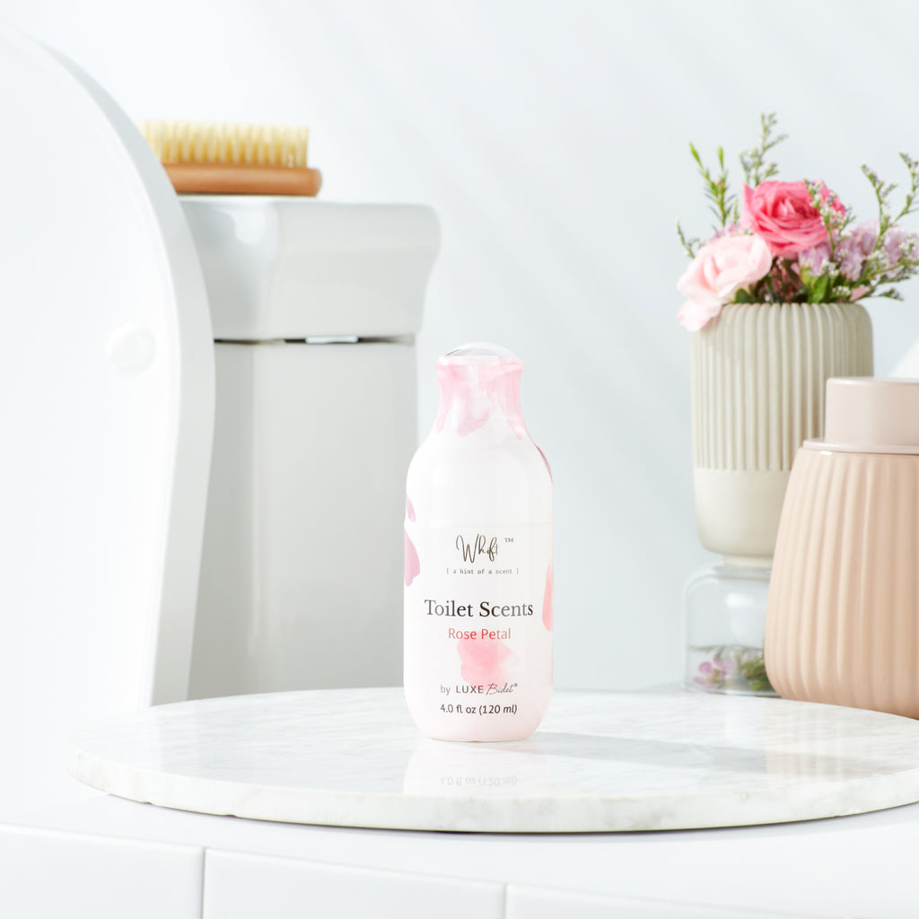 Whift Toilet Scents Spray - 120 mL Rose Petal Whift Toilet Scents Spray in a modern bathroom with marble and flowers