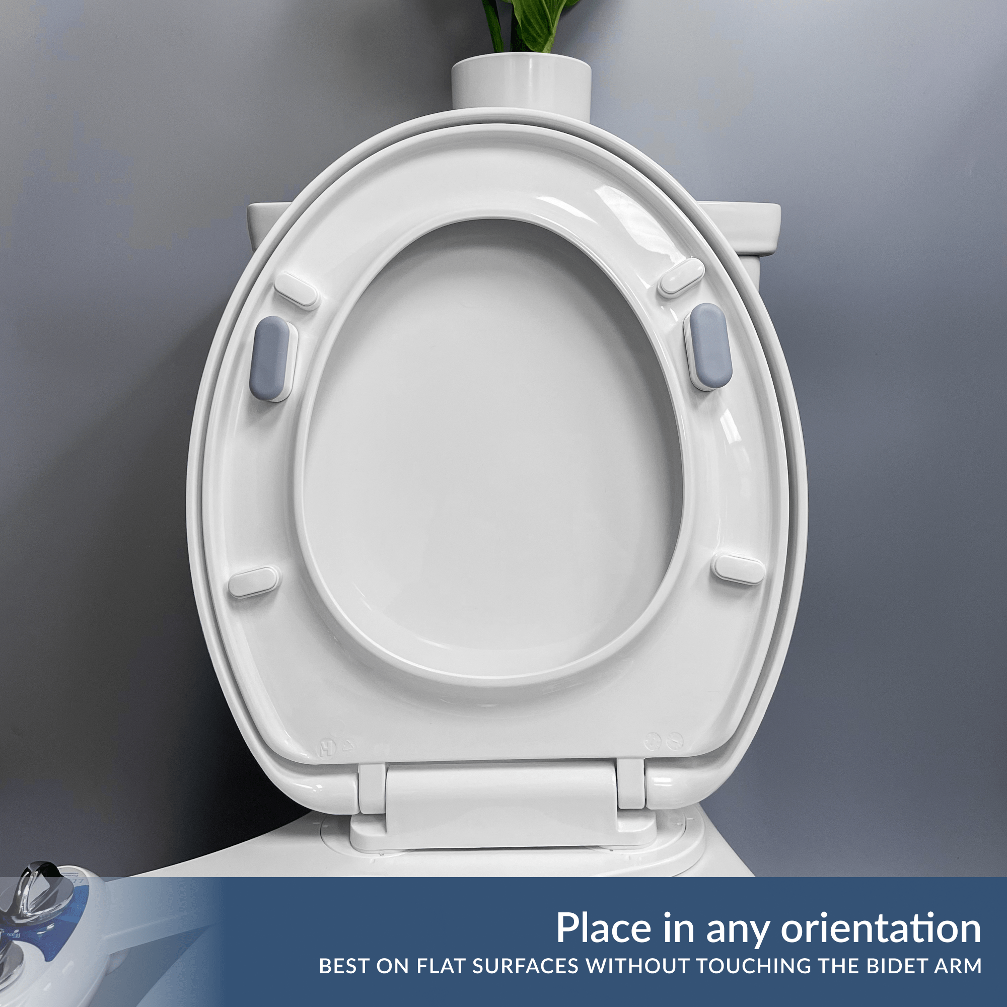 Place in any orientation, best on flat surfaces without touching the bidet arm. Example orientation with two bumpers.