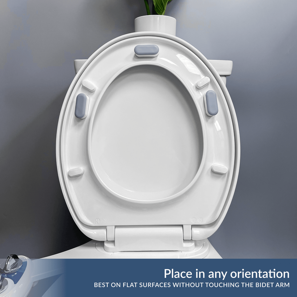 Place in any orientation, best on flat surfaces without touching the bidet arm. Example orientation with three bumpers.