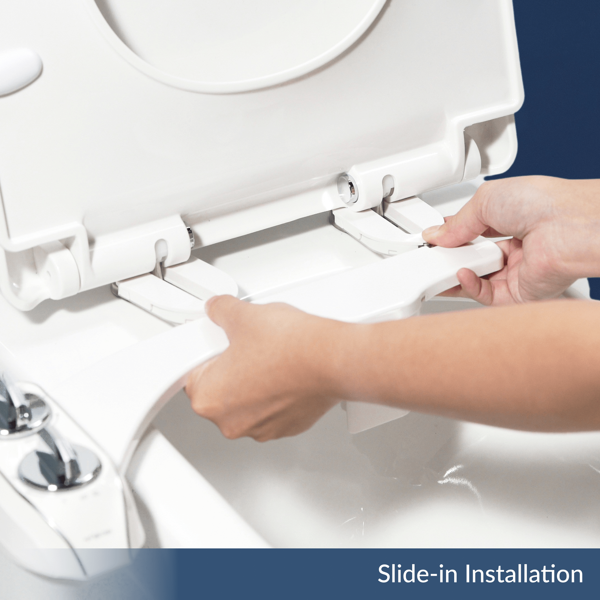 Slide-in Installation feature of NEO Plus series allows user to slide bidet body under toilet lid to install