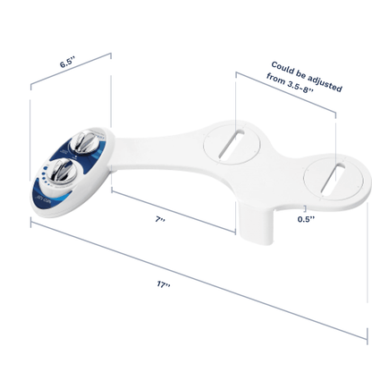 NEO Measurements: 17" long bidet, 6.5" long control panel, 7" distance between control panel to guard gate, and 0.5" thick