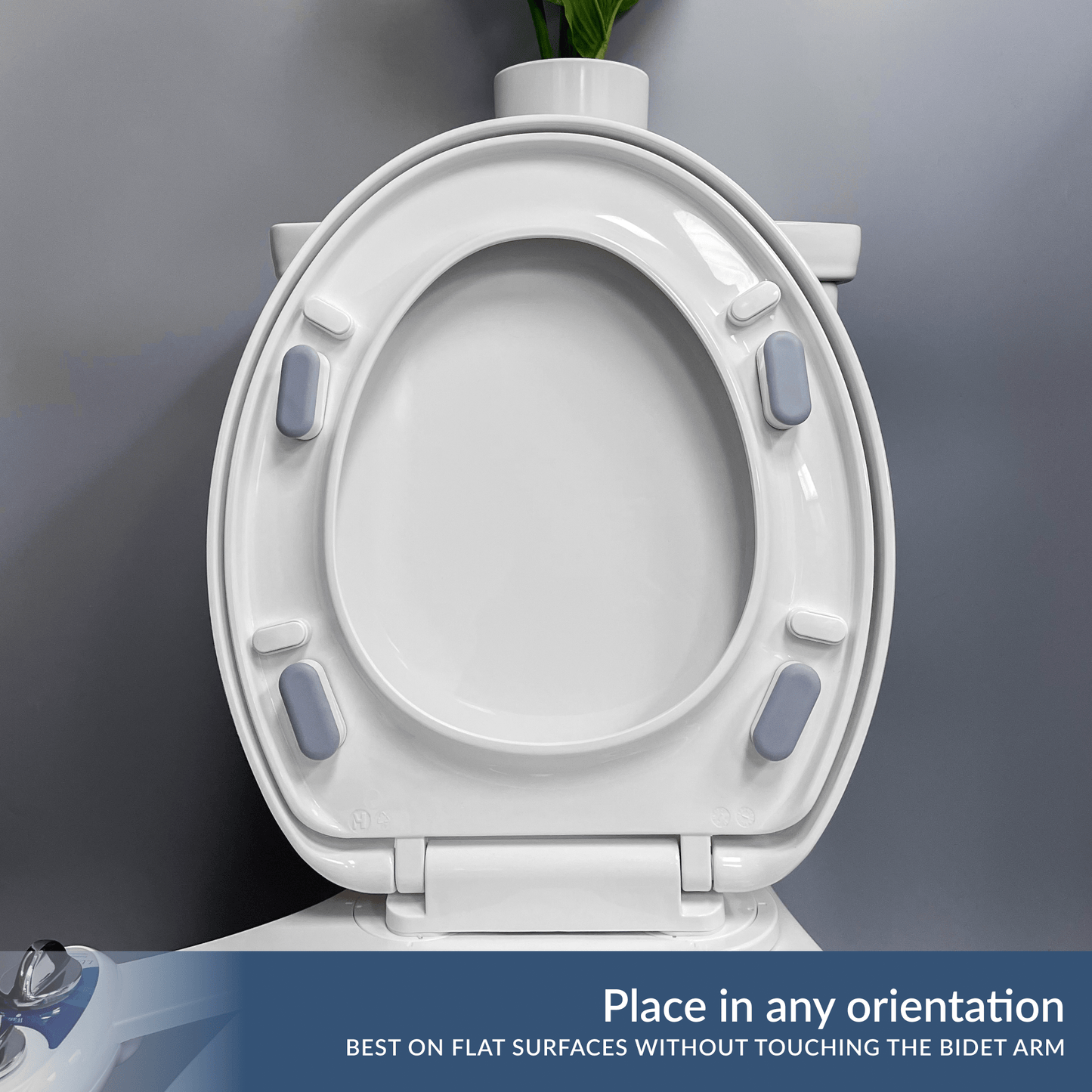 Place in any orientation, best on flat surfaces without touching the bidet arm. Example orientation with four bumpers.