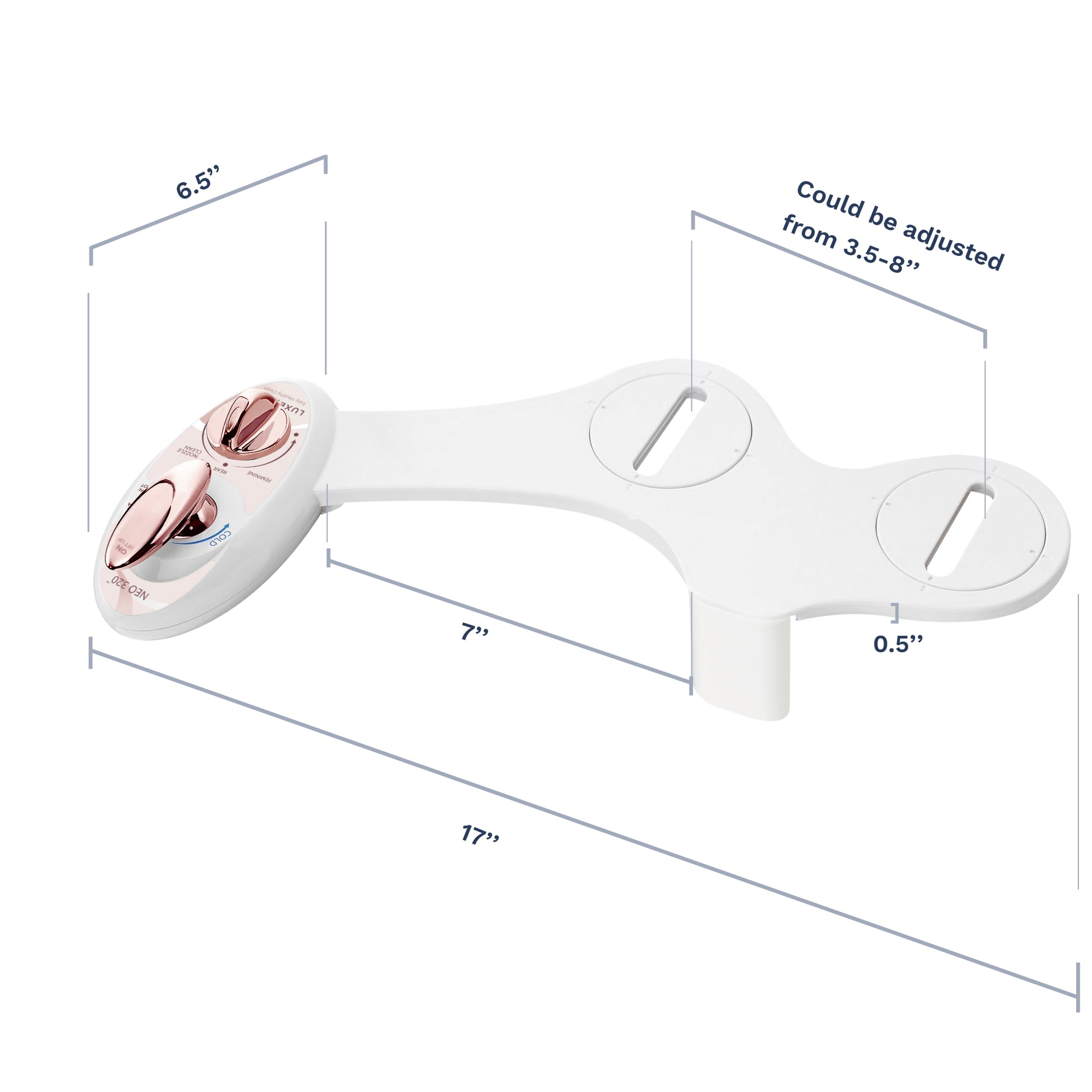 NEO Measurements: 17" long bidet, 6.5" long control panel, 7" distance between control panel to guard gate, and 0.5" thick