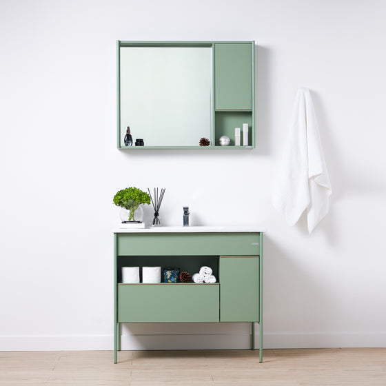 Callista Bathroom Vanity Set, front-facing with bathroom décor & toiletries on counter and in cabinets