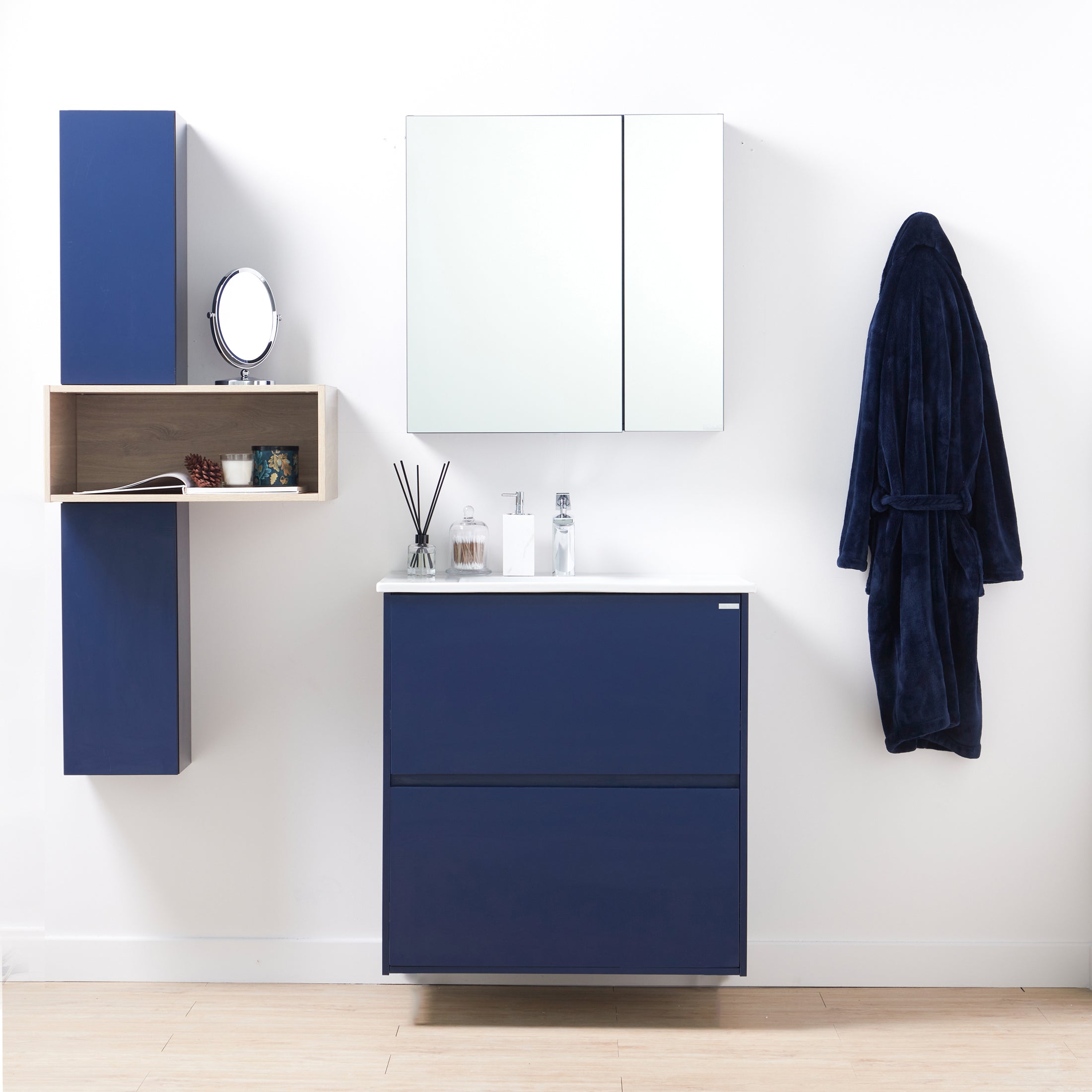 Glantis Bathroom Vanity Set, front-facing with bathroom décor & toiletries on counter and in cabinets