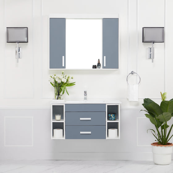 Kyro Bathroom Vanity Set, front-facing with bathroom décor & toiletries on counter and in cabinets
