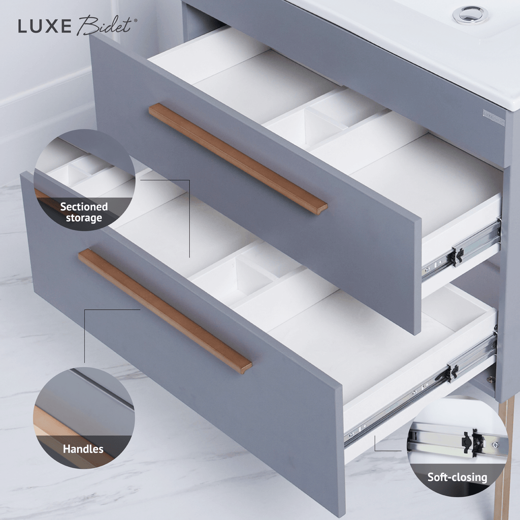 Rhea Bathroom Vanity Set, showcasing large storage space, cabinet handles, and soft-closing drawers