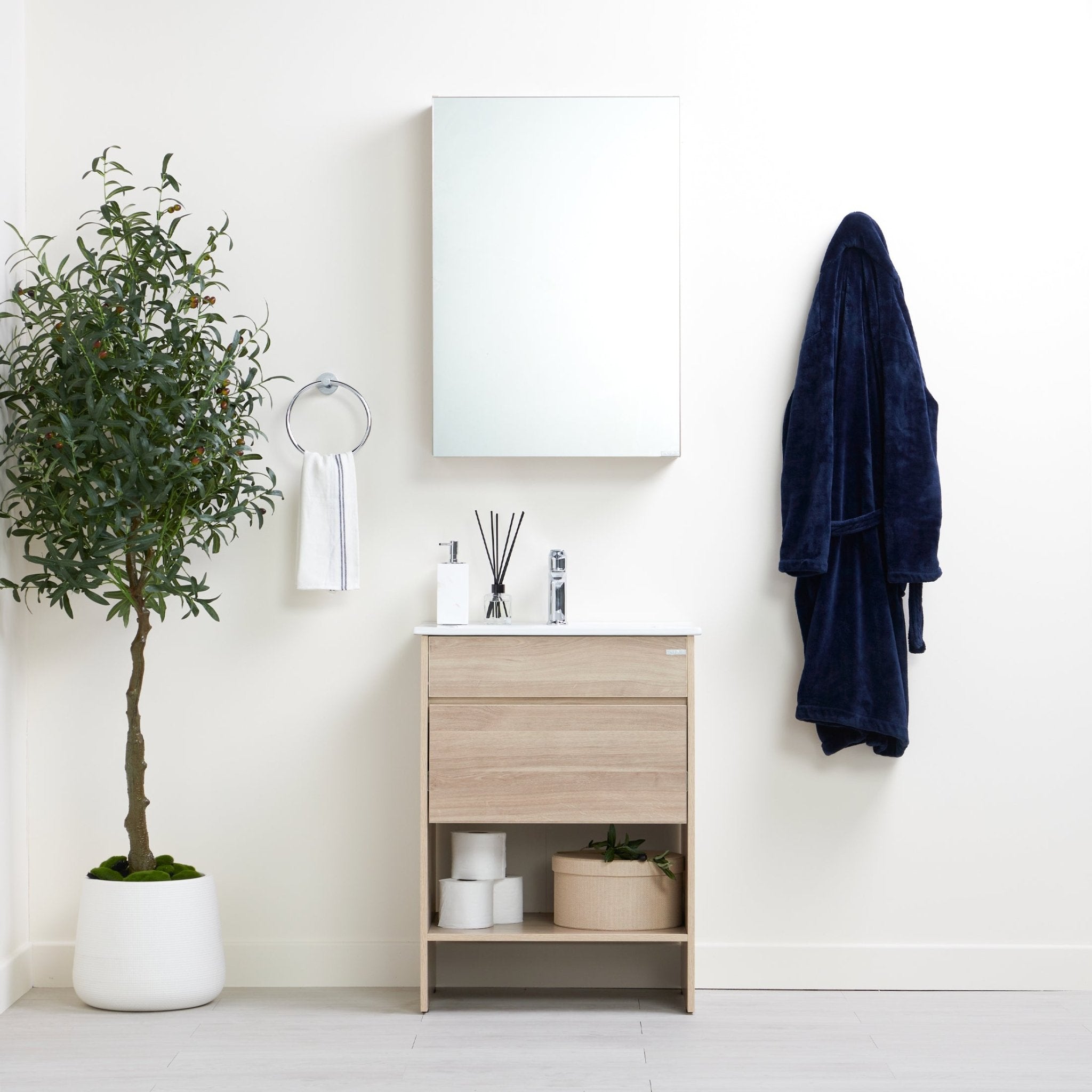 Zeno Bathroom Vanity Set, front-facing with bathroom décor & toiletries on counter and in cabinets