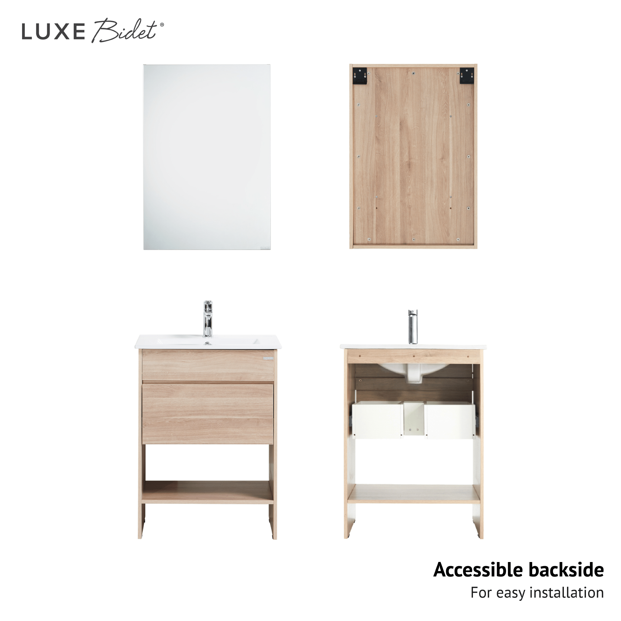 Zeno Bathroom Vanity Set, front and back, the backside is accessible for easy installation