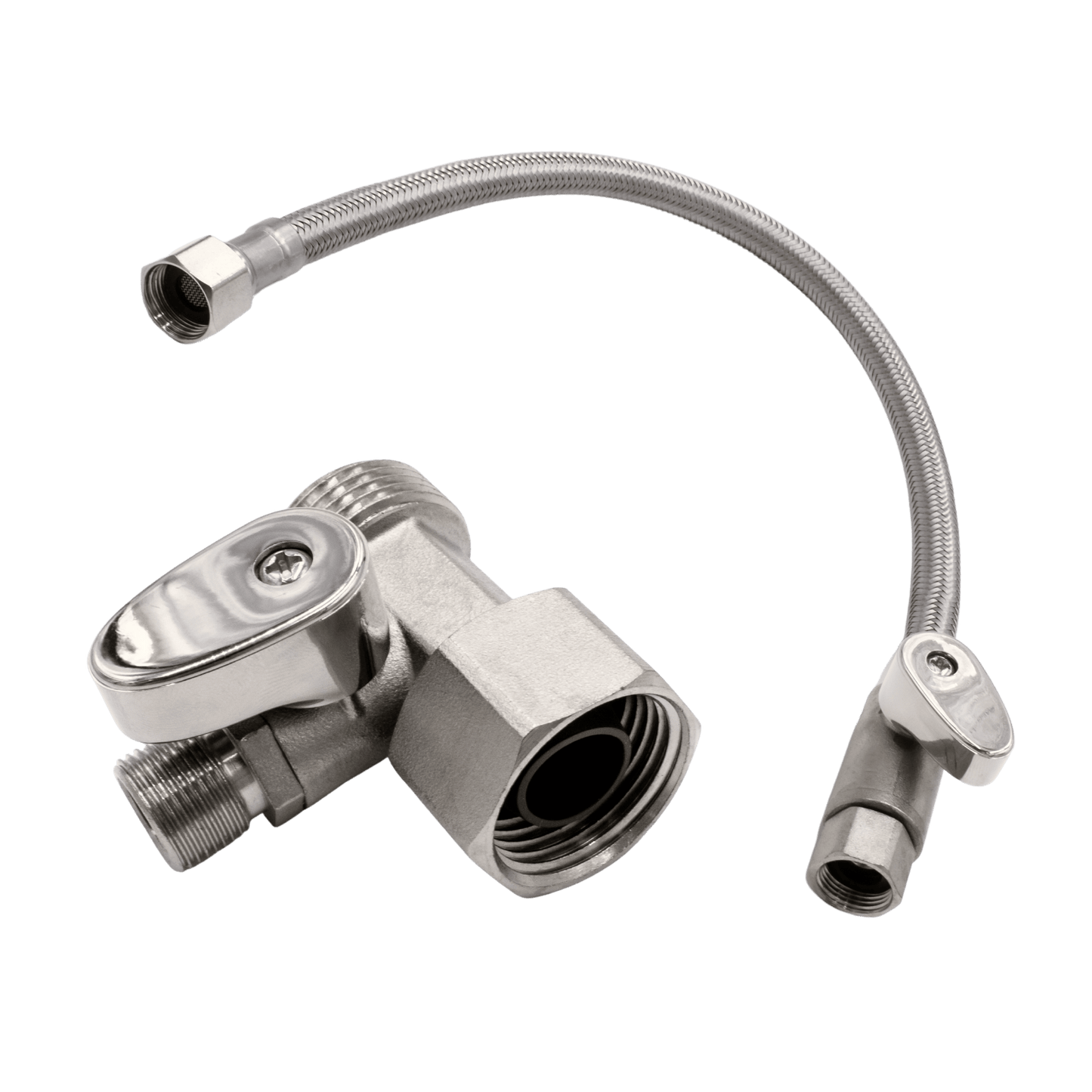 A Cold Water Shut-Off T-Adapter with ball-valve and a Cold Water Shut-Off Hose with ball-valve