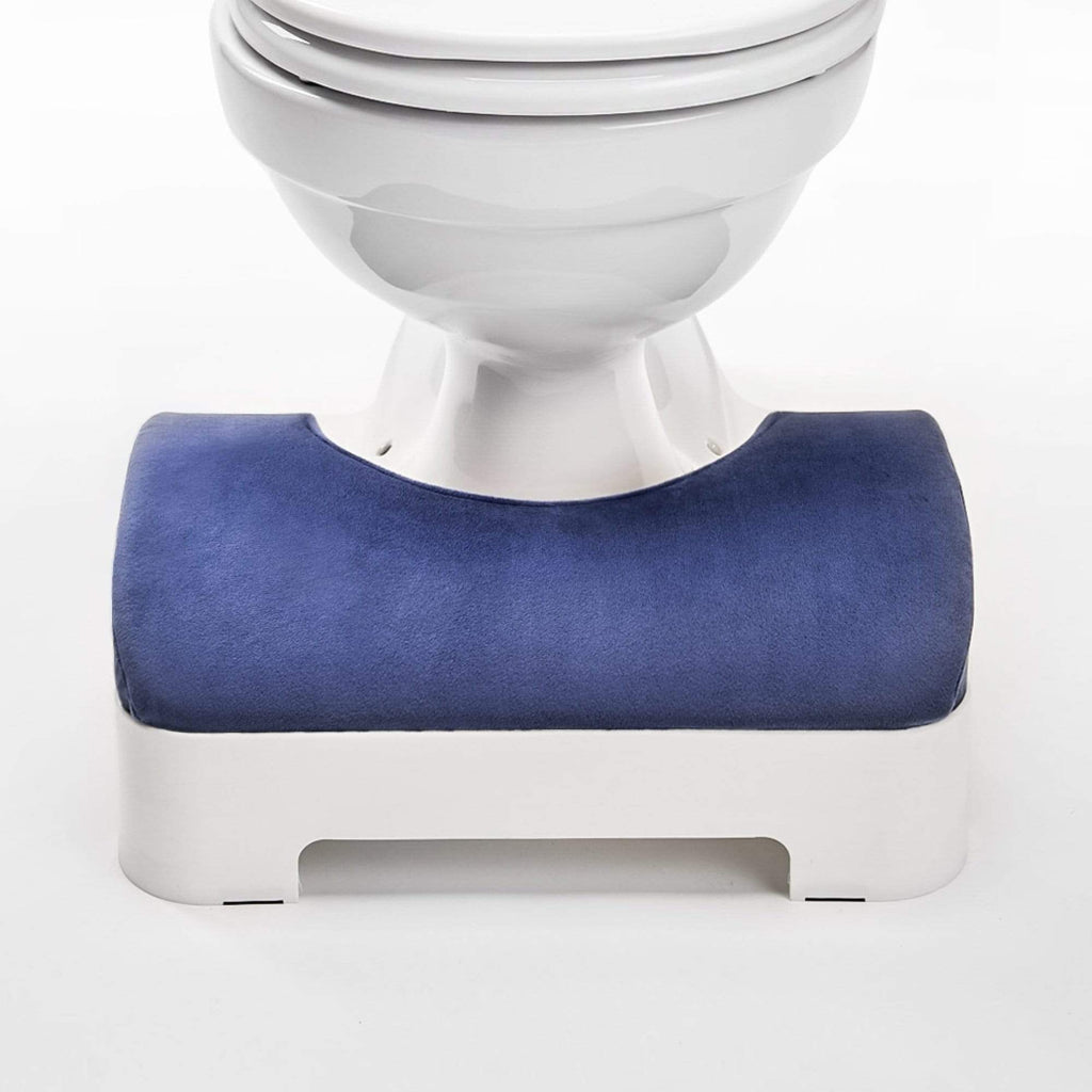 LUXE Footstool: Velour Covers - Navy Blue - front close-up, tucked into toilet