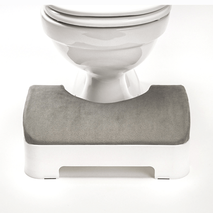 LUXE Footstool: Velour Covers - Gray - front close-up, tucked into toilet