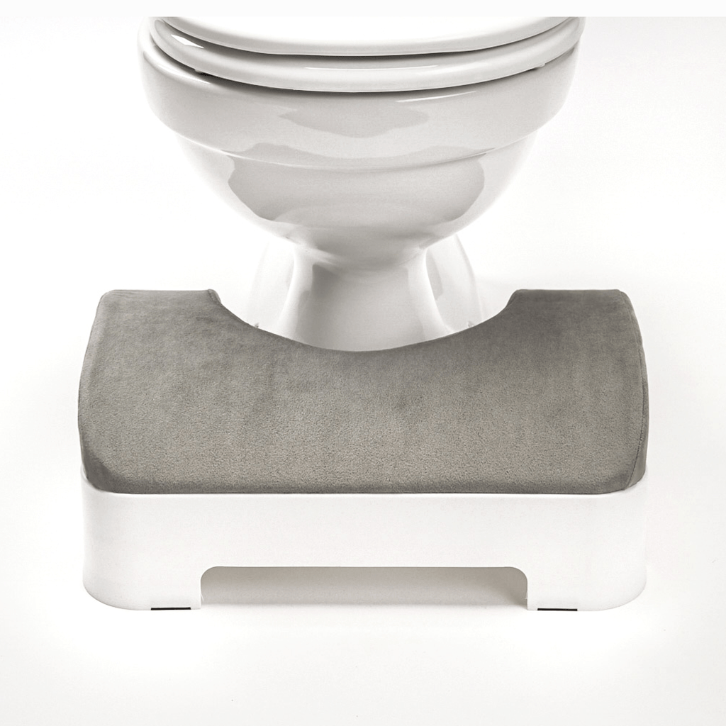 LUXE Footstool: Velour Covers - Gray - front close-up, tucked into toilet