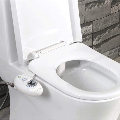 NEO 110 White installed on a toilet with water spraying from nozzles