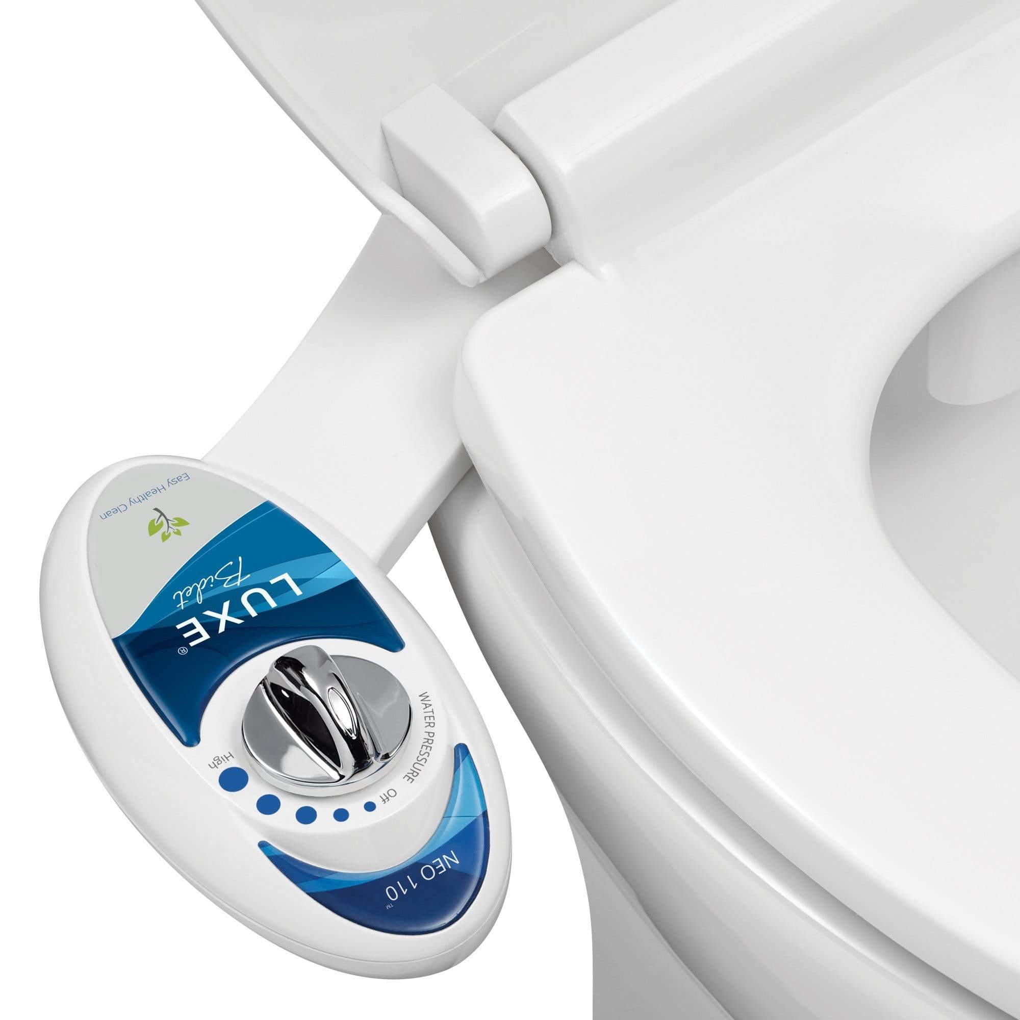 NEO 110: Imperfect Packaging - NEO 110 Blue installed on a toilet, open lid