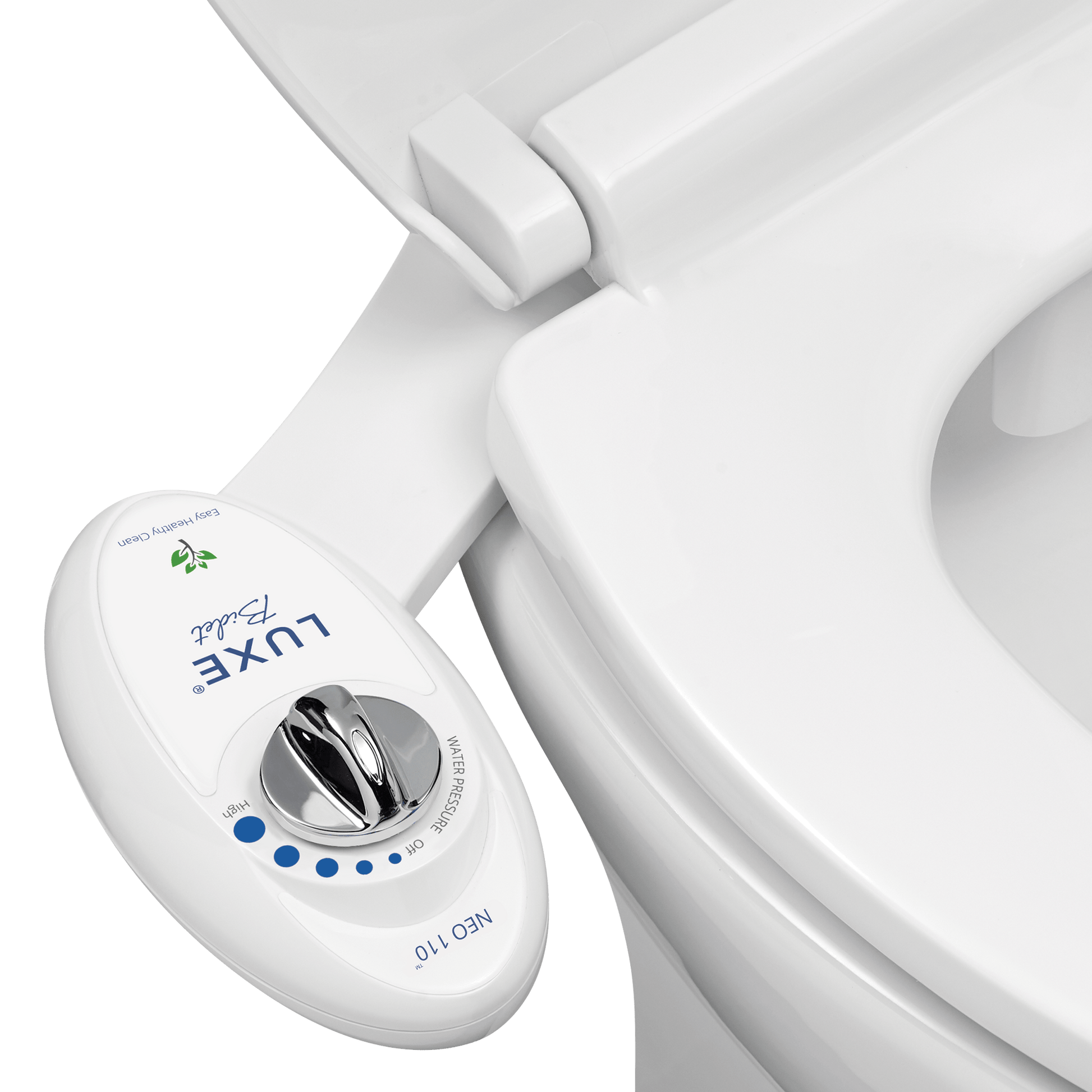 NEO 110 White installed on a toilet, open lid