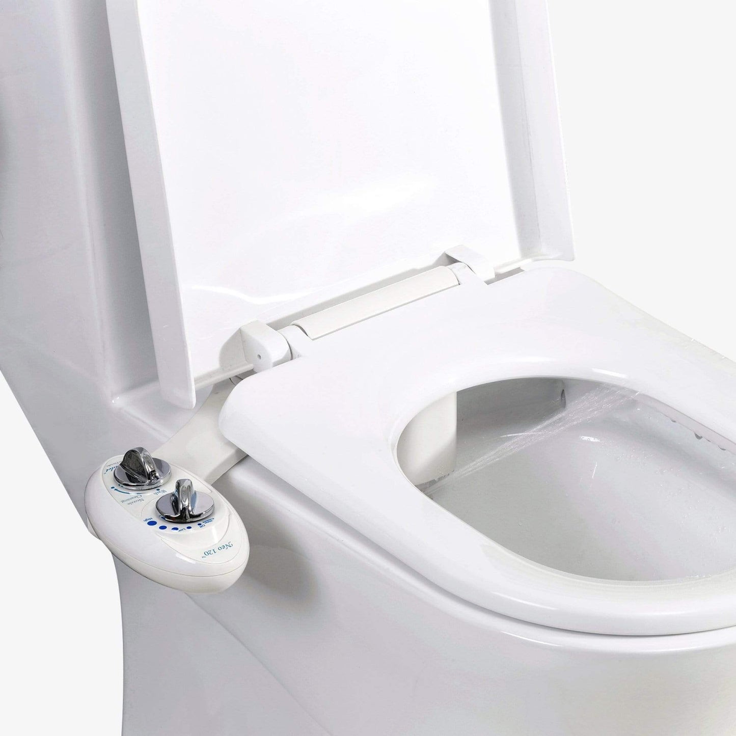 NEO 120 White installed on a toilet with water spraying from nozzles