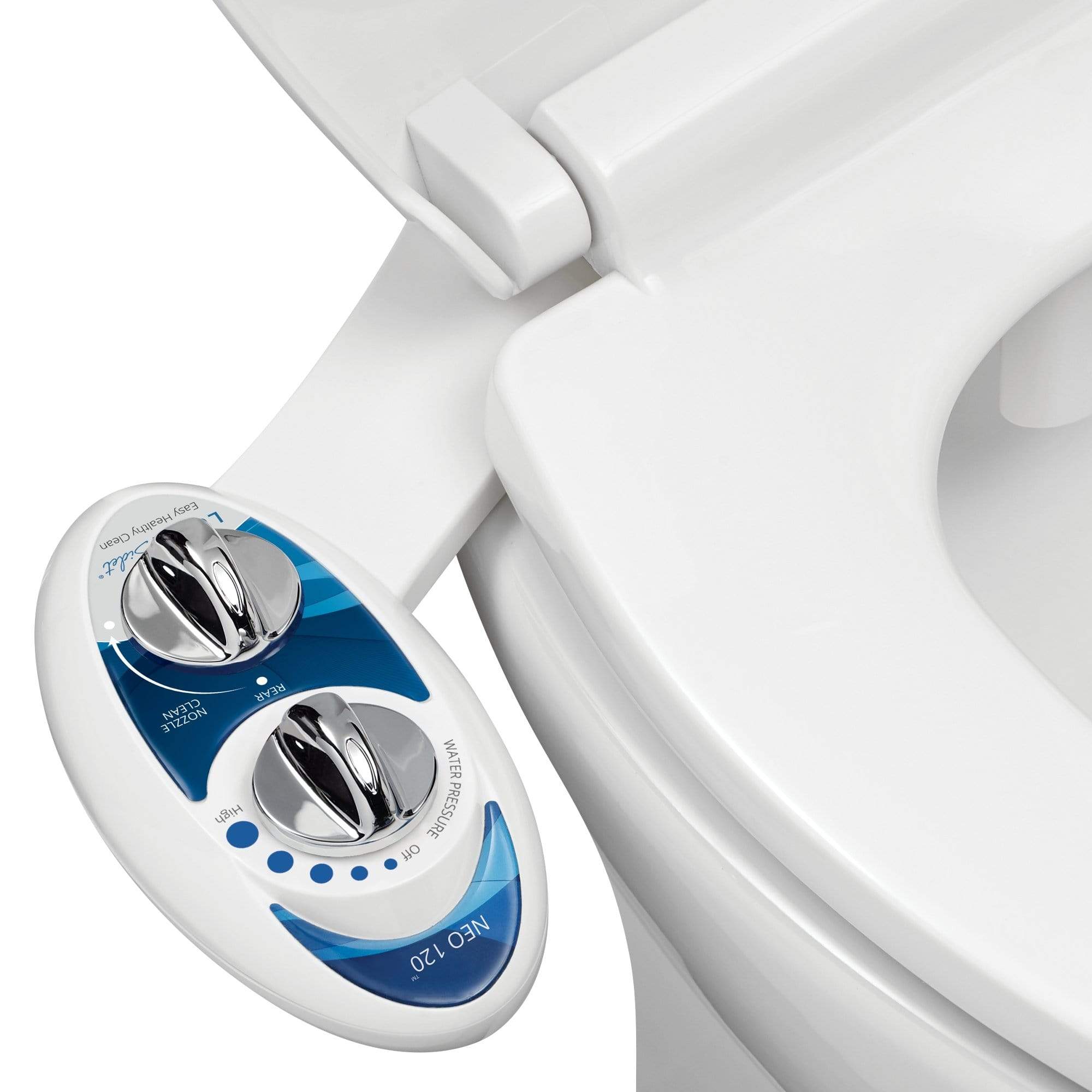 NEO 120: Imperfect Packaging - NEO 120 Blue installed on a toilet, open lid