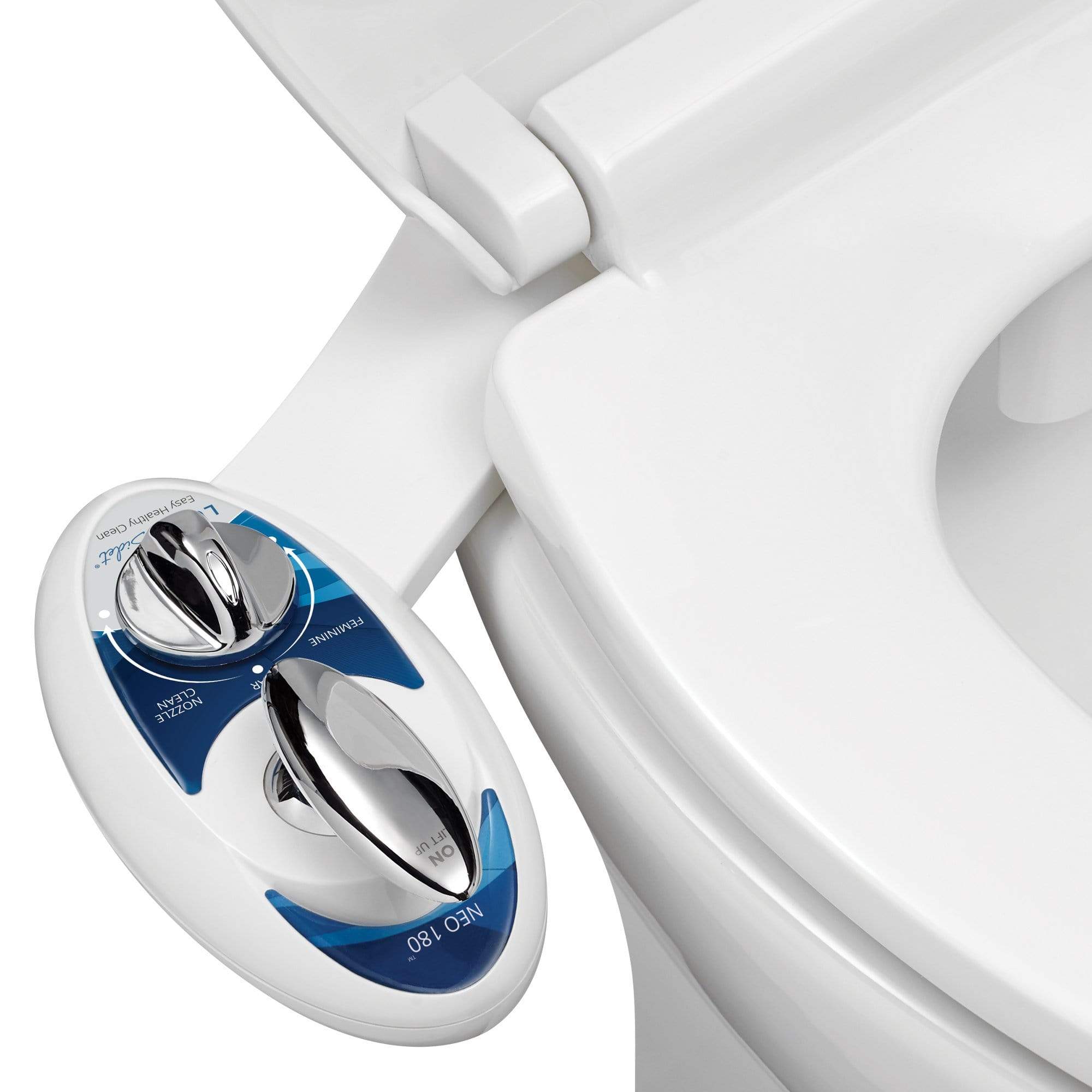 NEO 180 Blue installed on a toilet, open lid