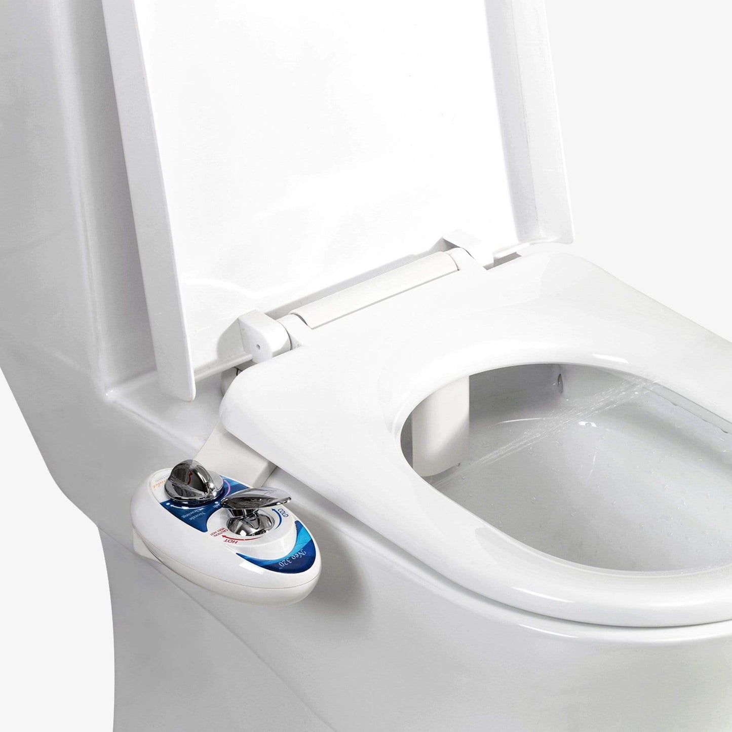 NEO 320 Blue installed on a toilet with water spraying from nozzles