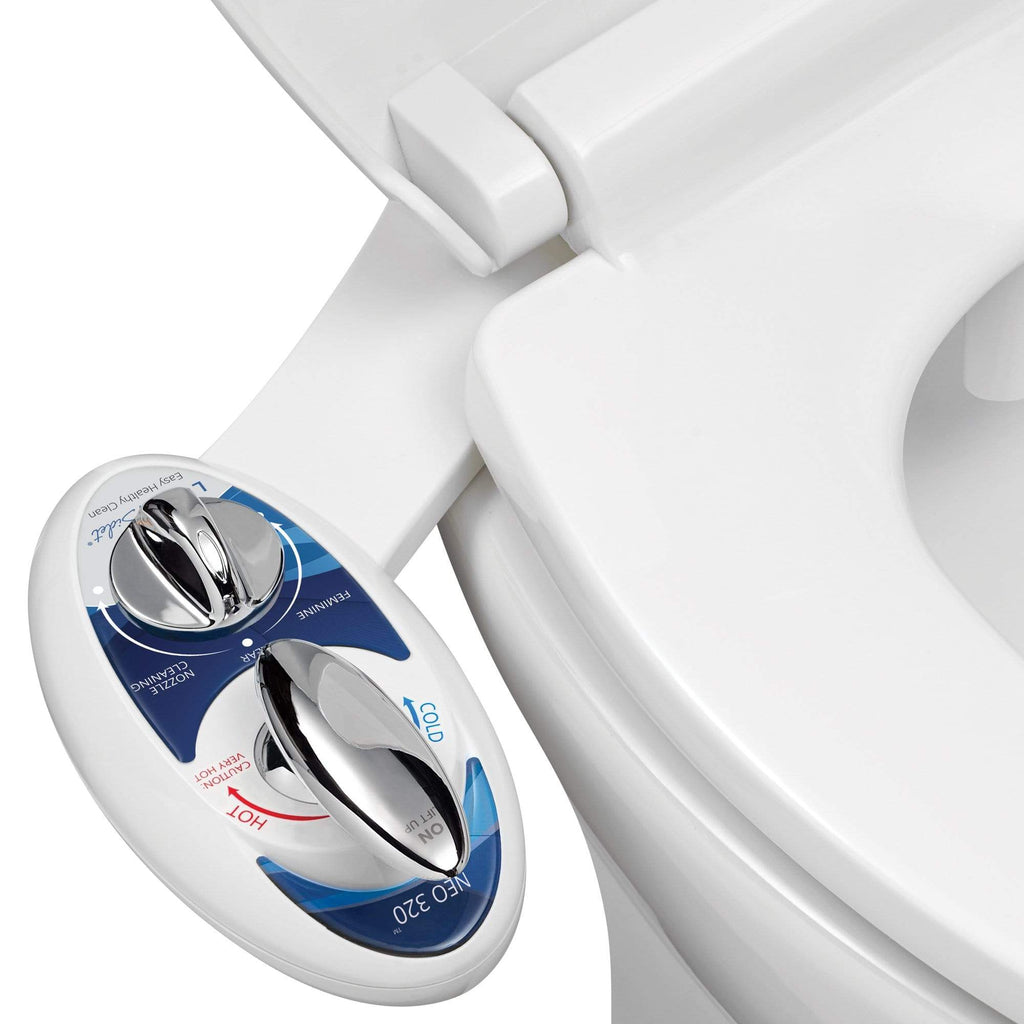 NEO 320 Blue installed on a toilet, open lid