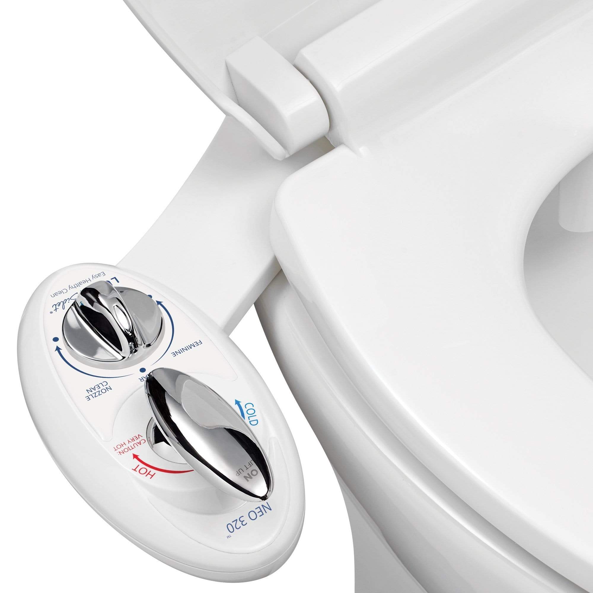 NEO 320: Imperfect Packaging - NEO 320 White installed on a toilet, open lid